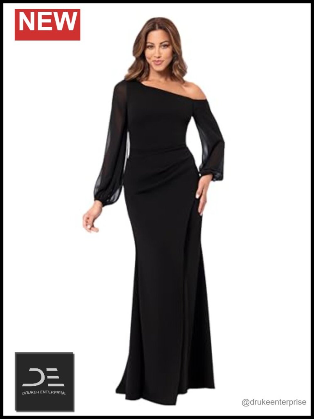 One-Shoulder Scuba Long Dress Sheer Balloon Sleeve Formal Gown